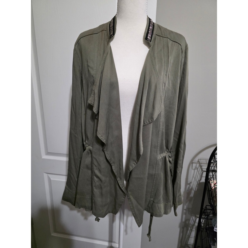 Signature Studio Women Medium Olive Green Open Front Drape Jacket Drawstring